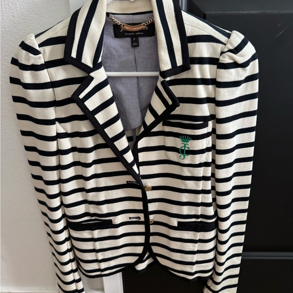 Juicy Couture Black and White Striped Blazer with Green Logo